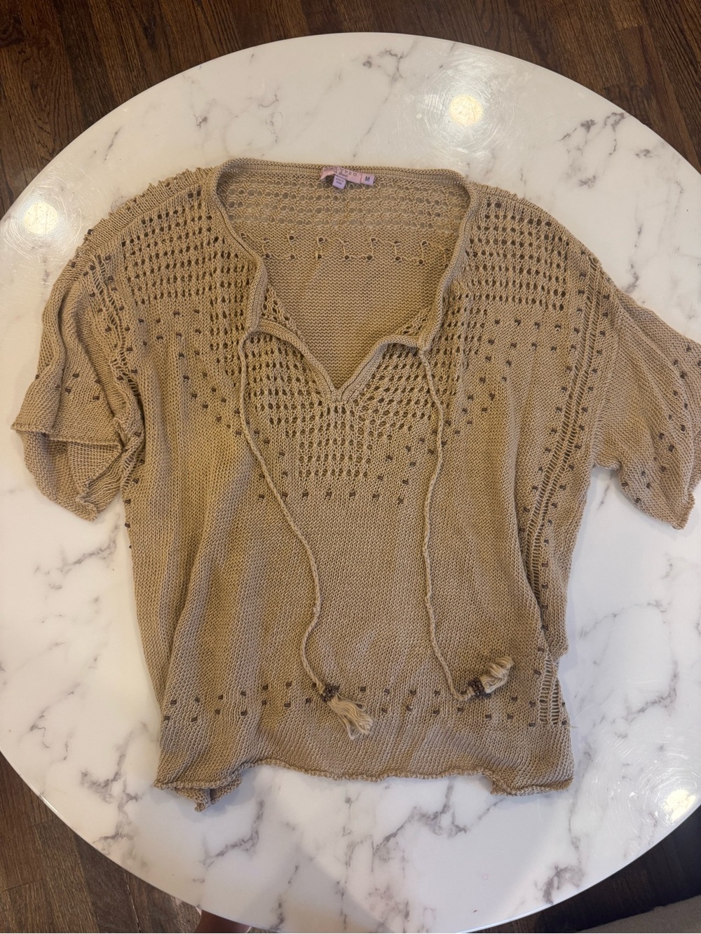 Calypso St. Barth Open-Knit Drawstring Top in Beige